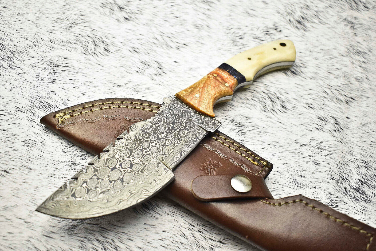 Handmade Damascus Camping Tracker Knife | Full Tang Outdoor Blade with Leather Sheath