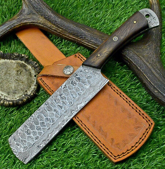 Handmade Damascus Chef & Hunting Knife – 8.5" Blade with Bone & Wood Handle + Leather Sheath

