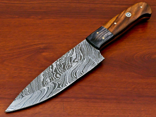 Handmade Damascus Chef Knife – Full Tang 10" Kitchen Knife with Rosewood & Hardwood Handle