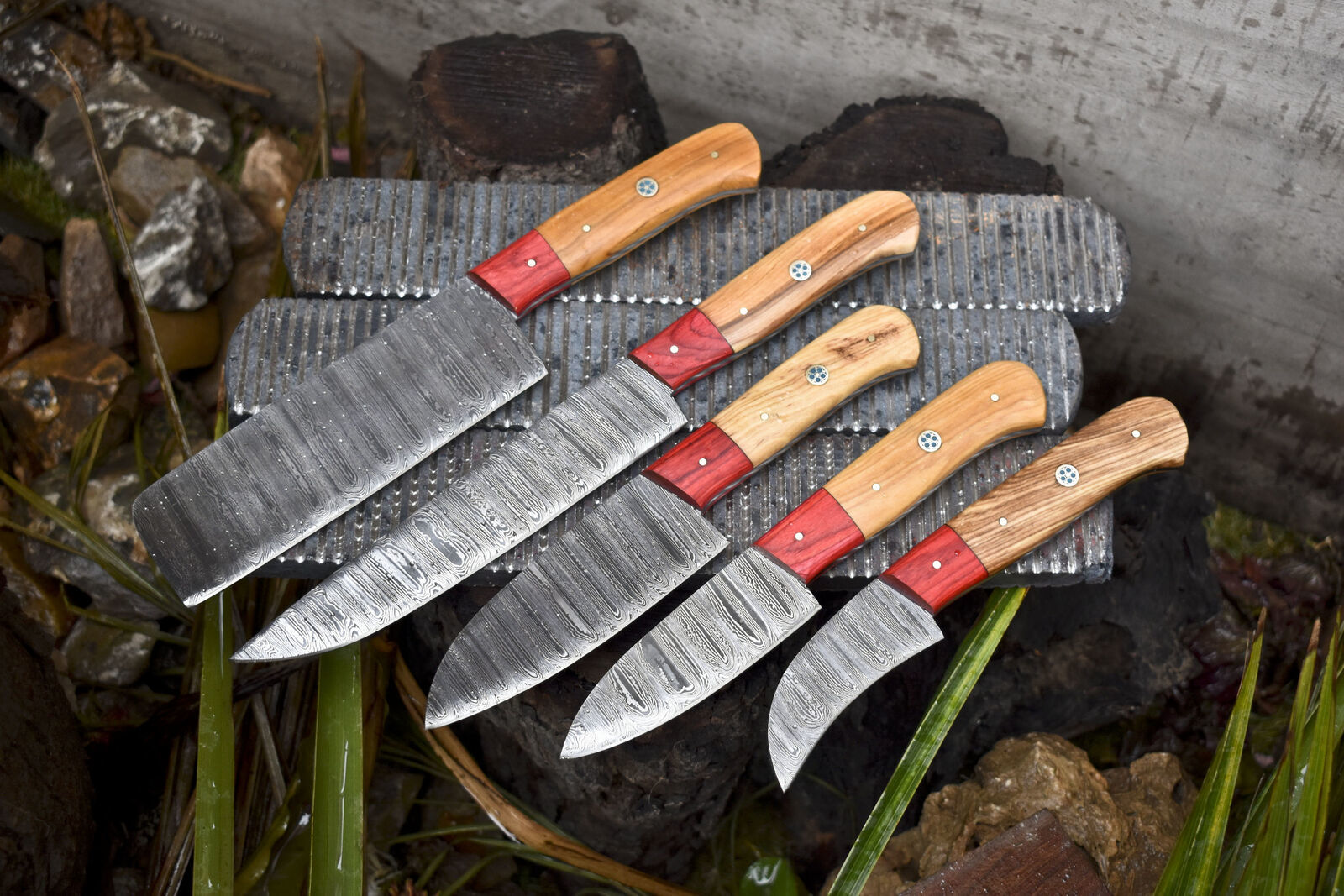 Handmade Damascus Chef Knife Set of 5 – Ash Wood Handle with Wooden Bolster – Camping & Kitchen Rare