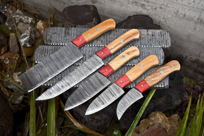 Handmade Damascus Chef Knife Set of 5 – Ash Wood Handle with Wooden Bolster – Camping & Kitchen Rare
