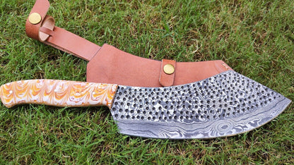 Handmade Damascus Cleaver Knife – 9" Razor-Sharp Serbian Chef’s Butcher Knife with Resin Wood Handle & Leather Sheath