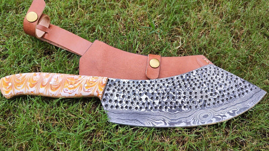 Handmade Damascus Cleaver Knife – 9" Razor-Sharp Serbian Chef’s Butcher Knife with Resin Wood Handle & Leather Sheath