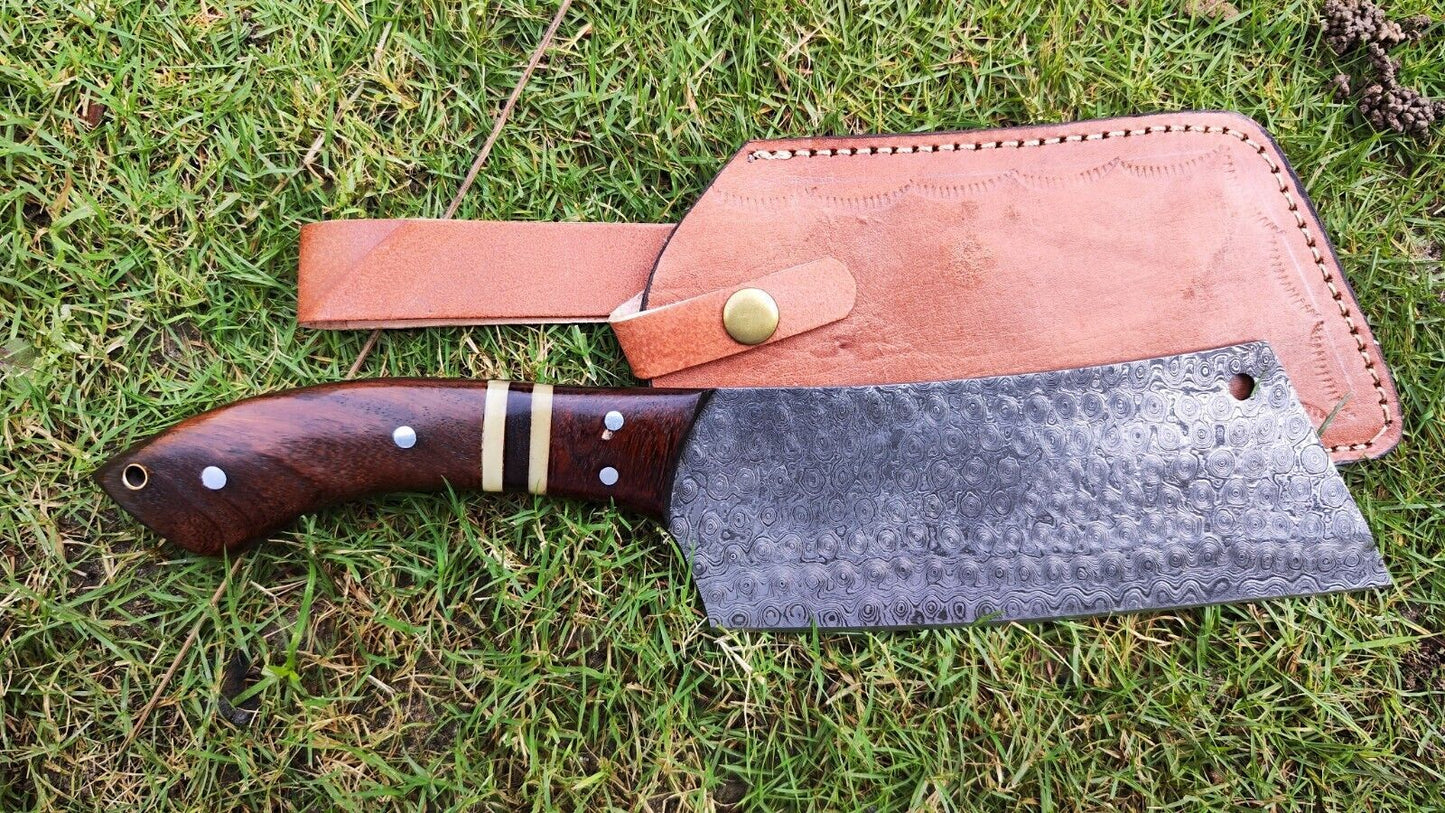  Handmade Damascus Cleaver Knife – Razor-Sharp Serbian Chef’s Butcher Knife, 9" Blade, Resin Wood Handle