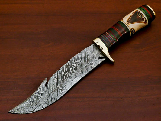 Handmade Damascus Custom Burn Camel Bone & Pakka Wood Bowie Hunting Knife