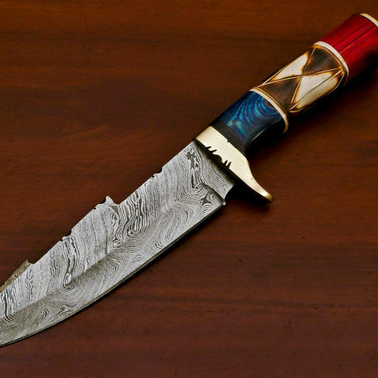 Handmade Damascus Custom Burn Camel Bone & Pakka Wood Bowie Hunting Knife – 12"