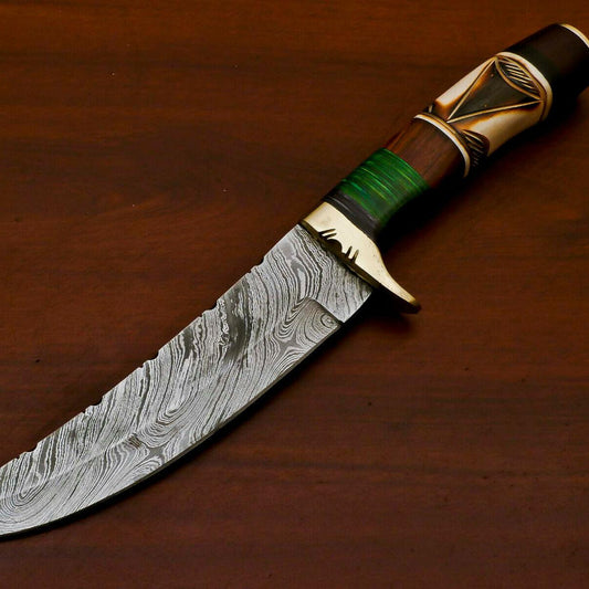 Handmade Damascus Custom Burn Camel Bone & Pakka Wood Bowie Hunting Knife – 12" Hunting Knife
