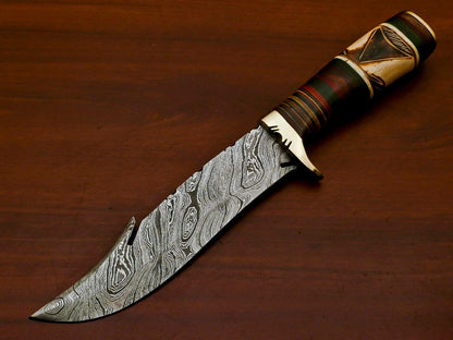 Handmade Damascus Custom Burn Camel Bone & Pakka Wood Bowie Hunting Knife – 12" Hunting Knife with Brass Guard