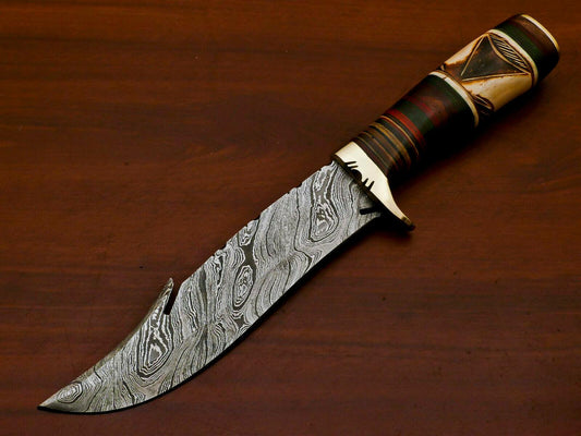 Handmade Damascus Custom Burn Camel Bone & Pakka Wood Bowie Hunting Knife – 12" Hunting Knife with Brass Guard