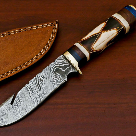  Handmade Damascus Custom Burn Camel Bone & Rose Wood Bowie Hunting Knife