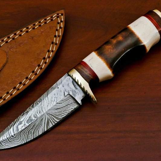 Handmade Damascus Custom Burn Camel Bone & Wood Bowie Hunting Knife – 8" Hunting Knife with Brass Guard