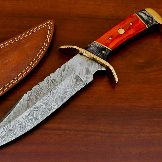 Handmade Damascus Custom Pakka Wood Bowie Hunting Knife – Full Tang, 12" Hunting Knife