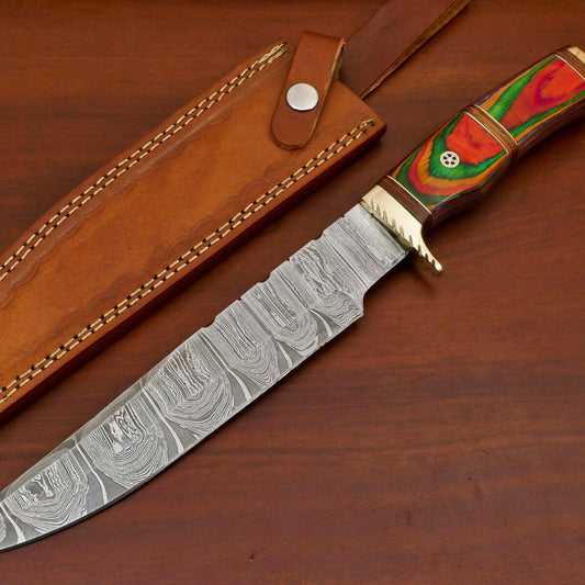 Handmade Damascus Custom Pakka Wood Bowie Hunting Knife with Brass Guard