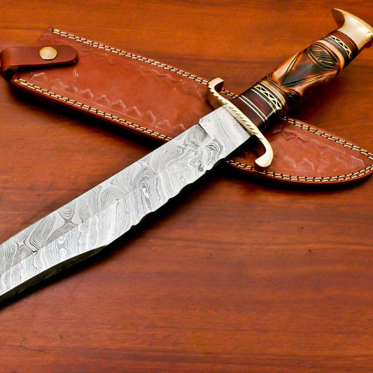 16.5" Handmade Damascus Engraved Bowie Knife with Camel Bone Handle & Leather Sheath