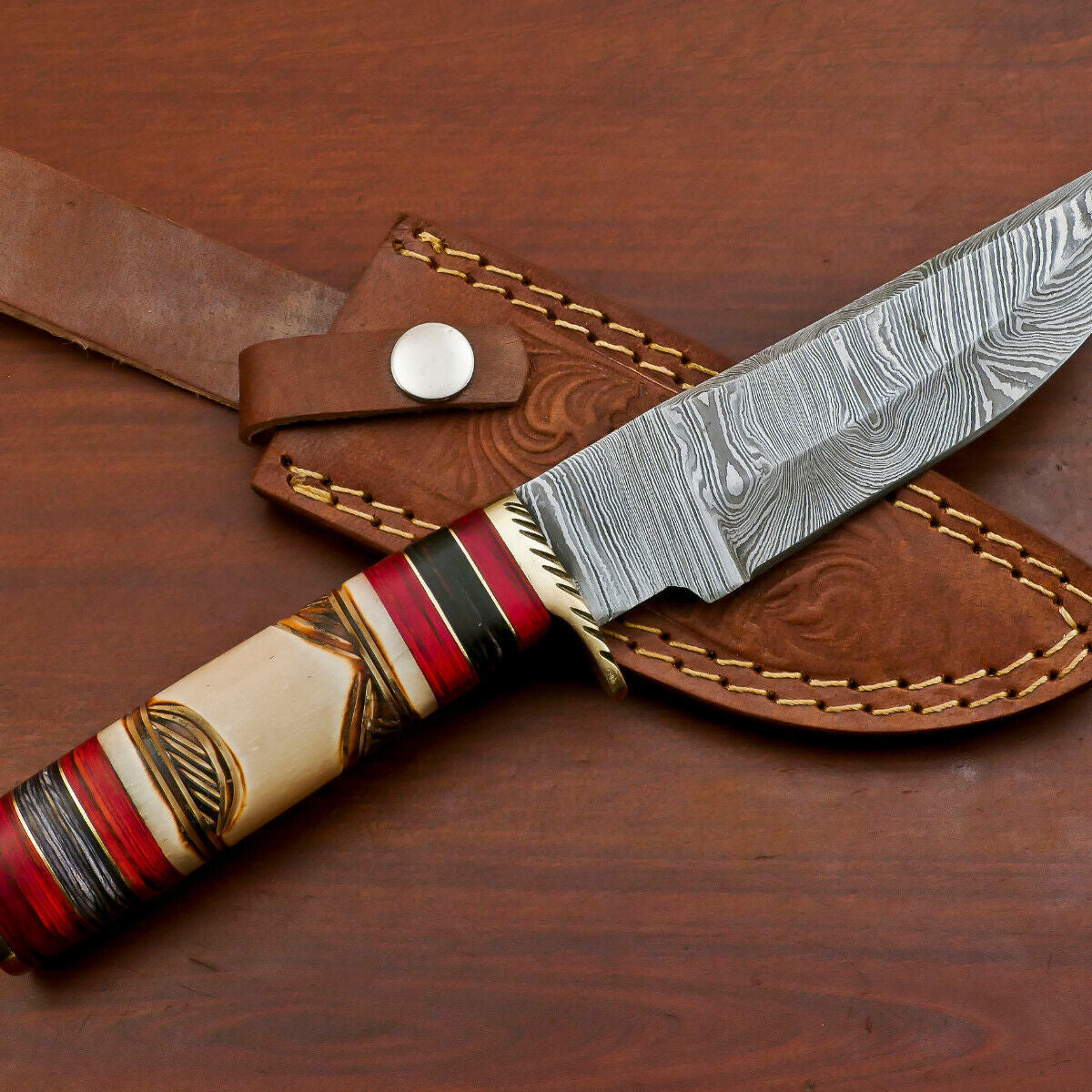 Handmade Damascus Engraved Burn Bone Bowie Hunting Knife