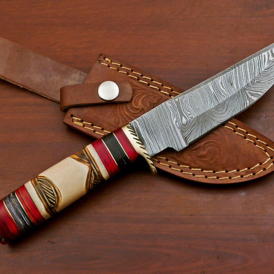 Handmade Damascus Engraved Burn Bone Bowie Hunting Knife