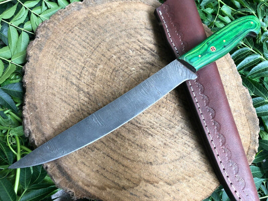 Handmade Damascus Fillet Knife Hunting Wood Handle Fillet Knife W/Leather Sheath