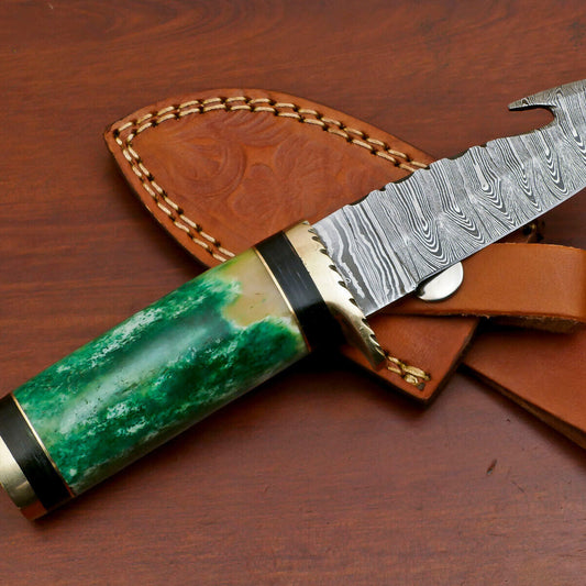 Handmade Damascus Gut Hook Bowie Knife | Stained Bone & Pakka Wood 8"