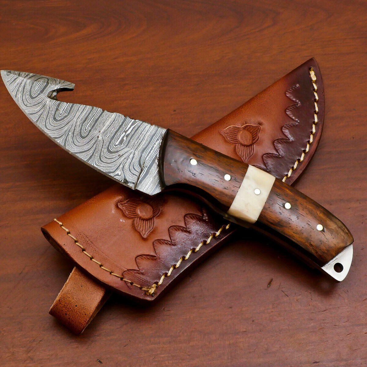 Handmade Damascus Gut Hook Hunting Knife – Camel Bone & Rose Wood Handle