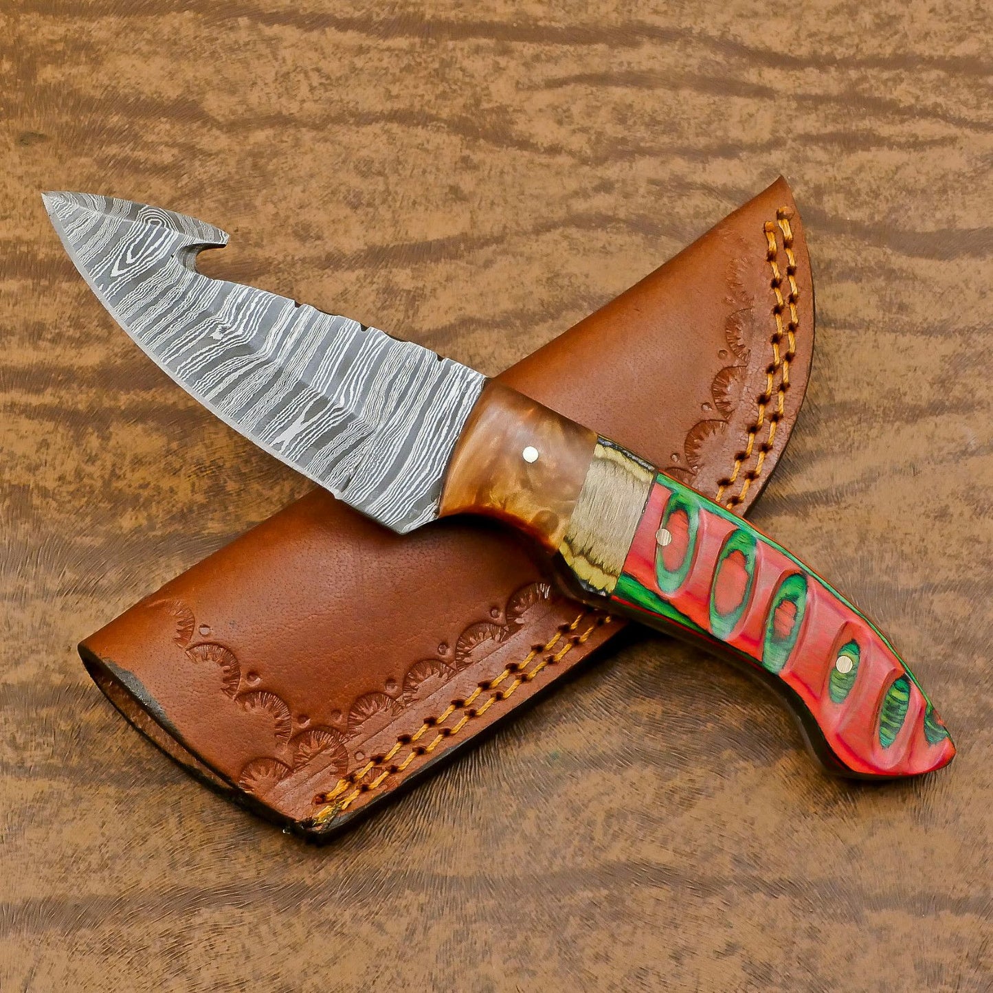 Handmade Damascus Gut Hook Skinner Hunting Knife with Resin and Wood Handle – Custom Fixed Blade Knife