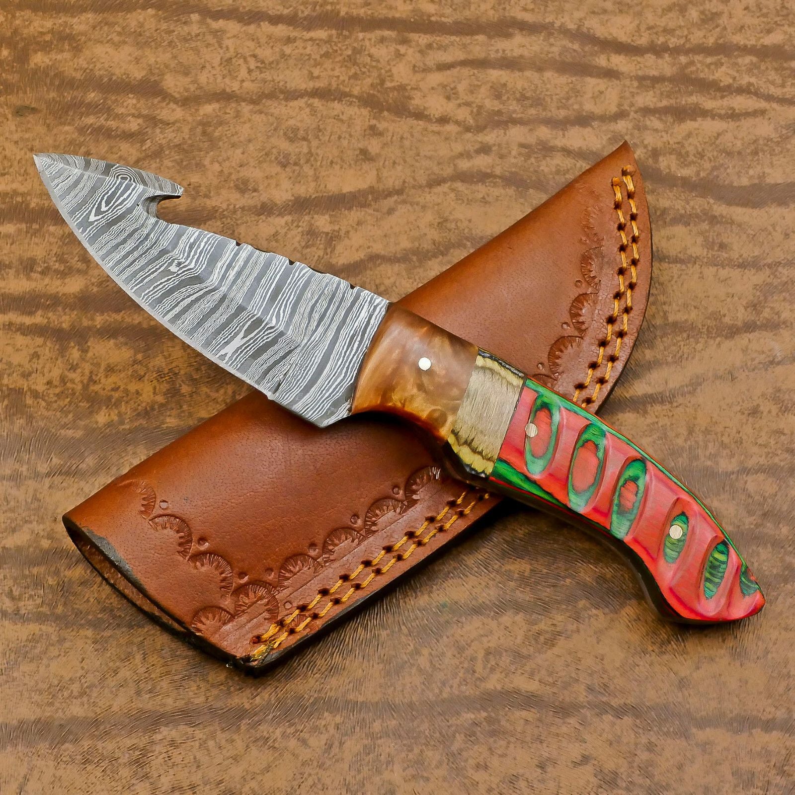 Handmade Damascus Gut Hook Skinner Hunting Knife with Resin and Wood Handle – Custom Fixed Blade Knife