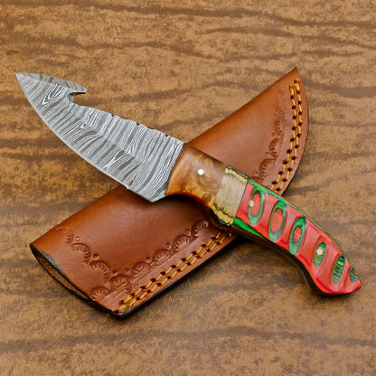 Handmade Damascus Gut Hook Skinner Hunting Knife with Resin and Wood Handle – Custom Fixed Blade Knife