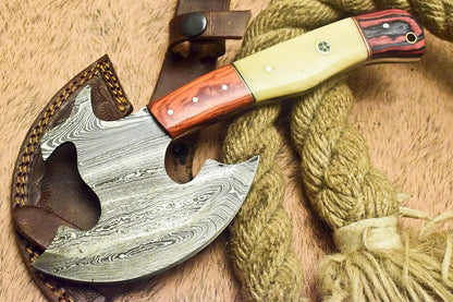 Rare Handmade Damascus Hunting Cleaver Chopper Axe Knife with Camel Bone and Hardwood Handle