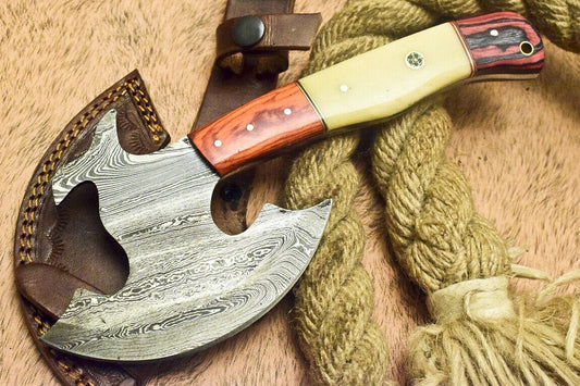 Rare Handmade Damascus Hunting Cleaver Chopper Axe Knife with Camel Bone and Hardwood Handle
