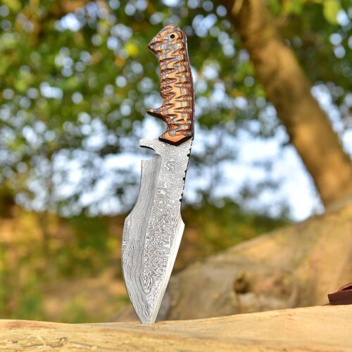 Handmade Damascus Hunting Tracker Kukri Knife – 12" Full Tang Survival Bushcraft Bowie with Leather Sheath