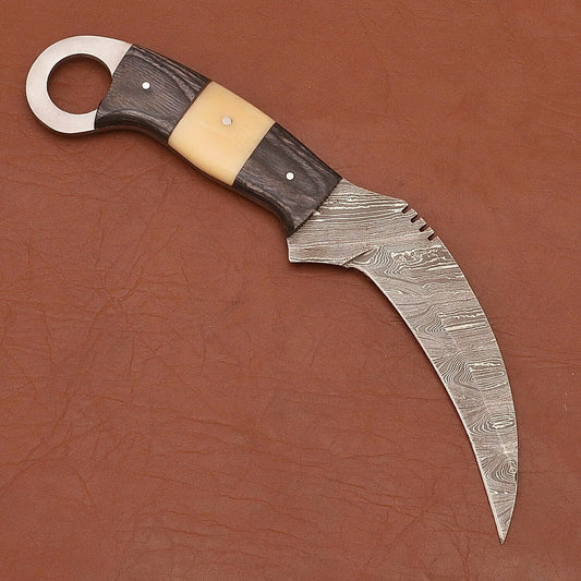 Handmade Damascus Karambit 9" Damascus Steel Karambit Knife with Bone & Wood Handle 