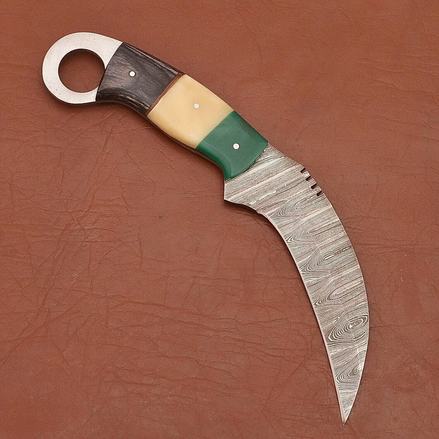 Handmade Damascus Karambit 9"Damascus Steel Karambit Knife with Wood and Bone Handle 
