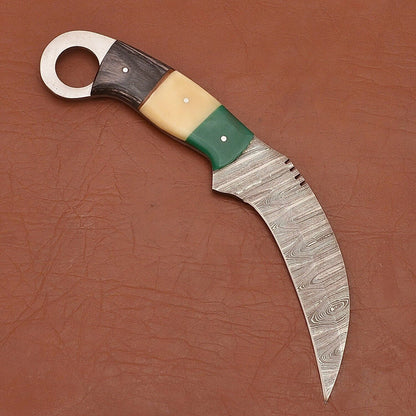 Handmade Damascus Karambit 9"Damascus Steel Karambit Knife with Wood and Bone Handle 