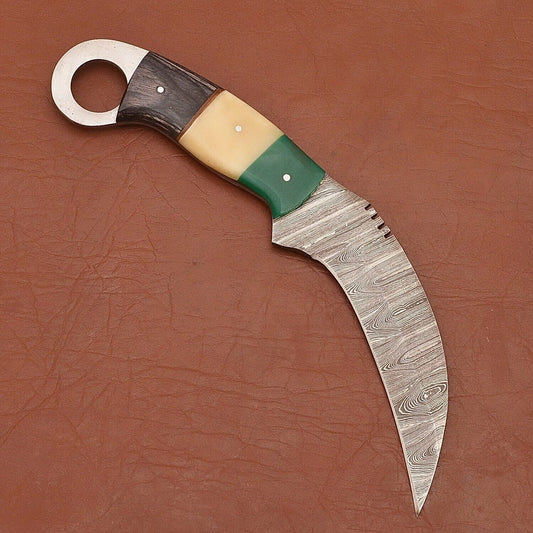 Handmade Damascus Karambit 9"Damascus Steel Karambit Knife with Wood and Bone Handle 