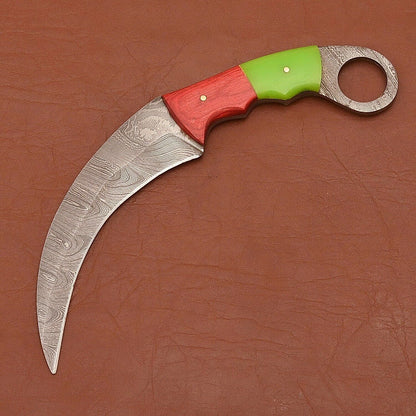 Handmade Damascus Karambit Damascus Steel Karambit Knife with Wood & Resin Handle 