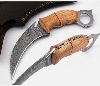 Handmade Damascus Karambit Knife 7.5” Damascus Steel Karambit with Wood Handle