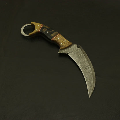 Handmade Damascus Karambit Knife 9" Karambit Damascus Steel Knife with Wood and Resin Handle 