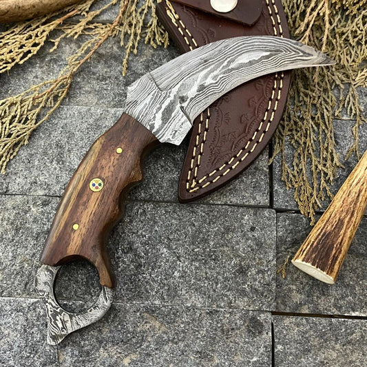 Handmade Damascus Karambit Knife Best Hunting Knife with Rose Wood Handle 