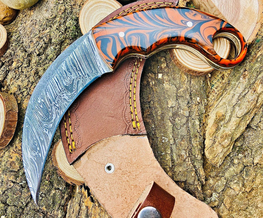 Handmade Damascus Karambit Knife Custom Damascus Steel Karambit With Resin Handle