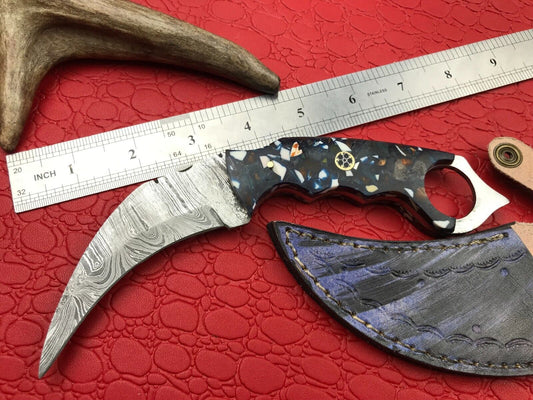 Handmade Damascus Karambit Knife Full Tang Damascus Steel Karambit with Resin Handle    