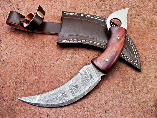 Handmade Damascus Karambit Knife Full Tang Damascus Steel Karambit with Wood Handle 