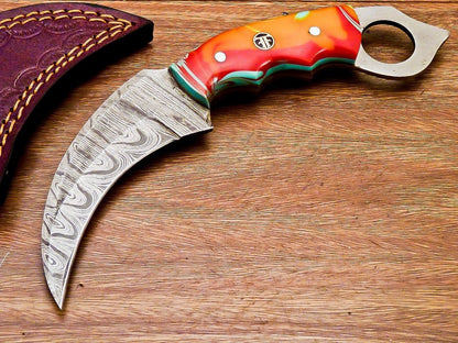 Handmade Damascus Karambit Knife Full Tang Karambit Damascus Steel with Resin Handle 