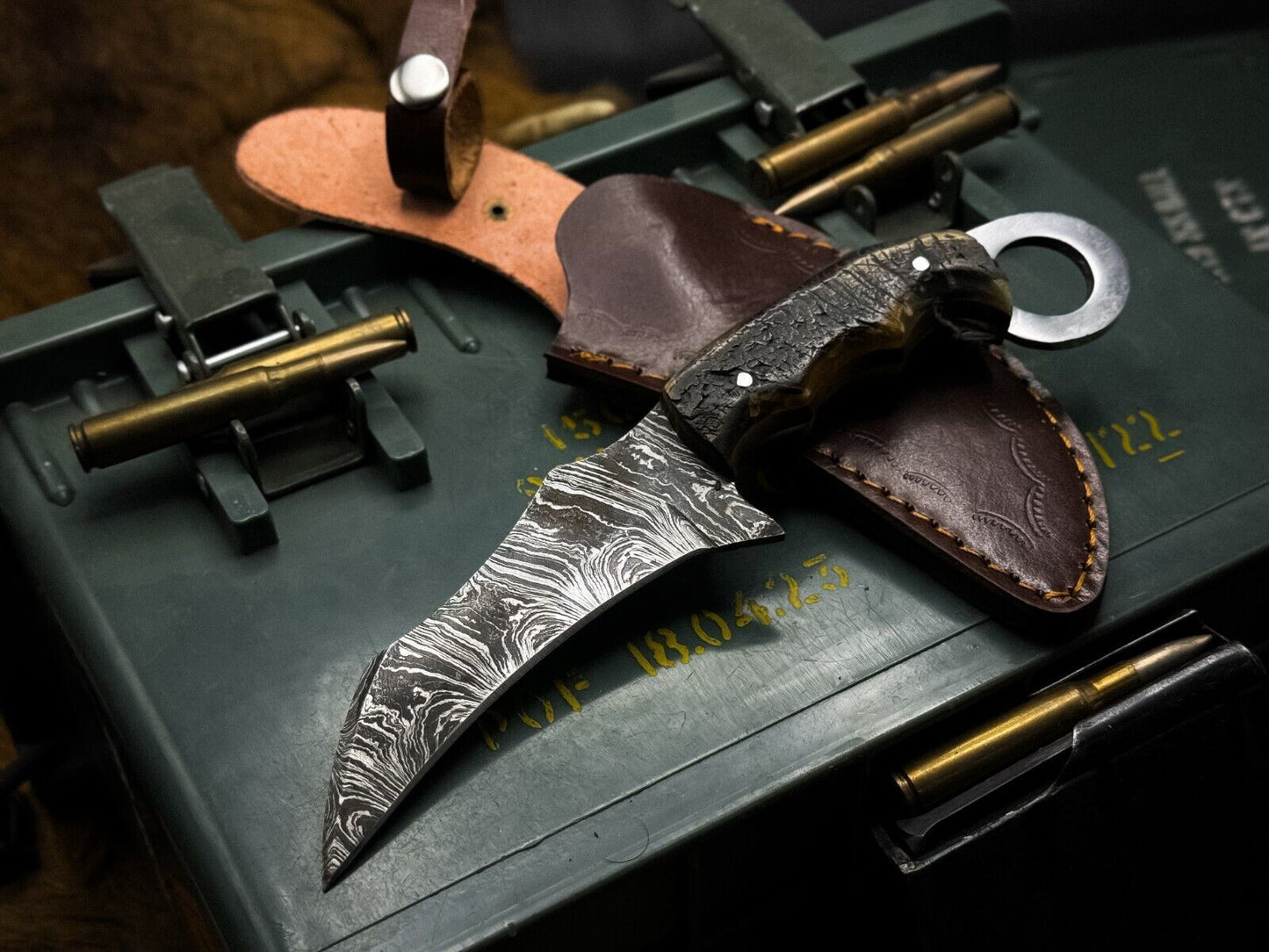 Handmade Damascus Karambit Knife Hunting Knife Best Karambit with Ram Horn Handle 