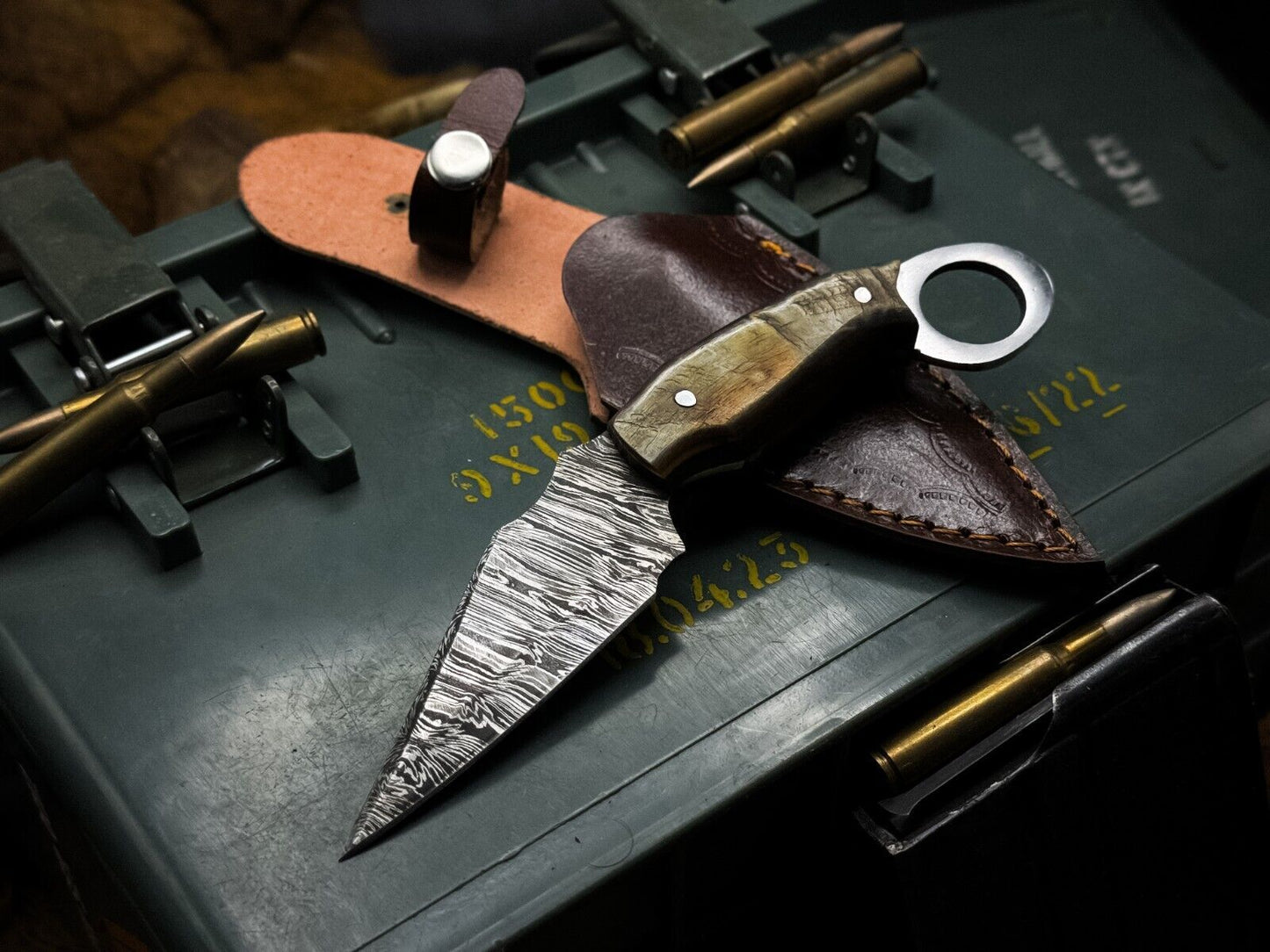 Handmade Damascus Karambit Knife Survival Knife Best Karambit with Ram Horn Handle 