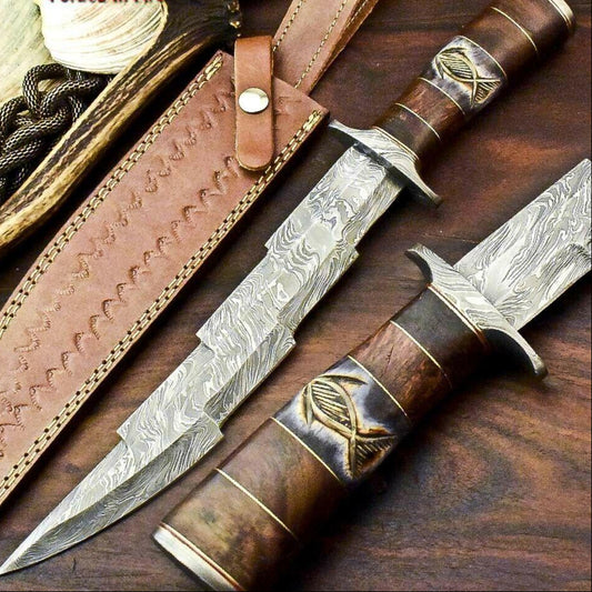 Handmade Damascus Kris Blade Bowie Knife – 15" Camel Bone Handle Hunting Knife