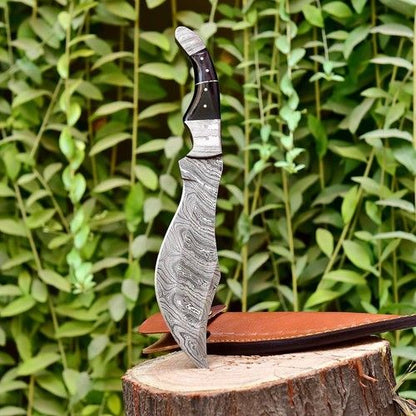 Handmade Damascus Military Hunting Tracker Knife – 12" Full Tang Camping & Survival EDC with Bull Horn Handle & Leather Sheath
