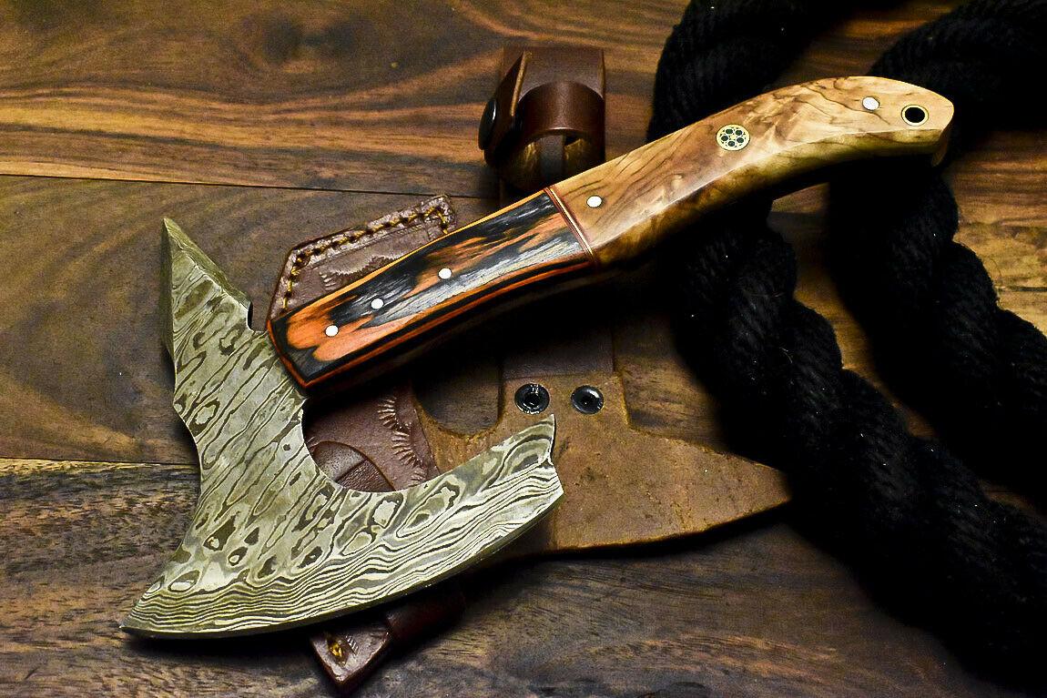 Handmade Damascus Steel Olive Wood Hunting Clever Chopper Axe Knife with Leather Sheath