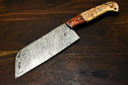 Handmade Damascus Olive Wood Hunting Clever Chopper Chef Knife – 10.5"
