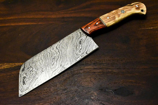 Handmade Damascus Olive Wood Hunting Clever Chopper Chef Knife – 10.5"