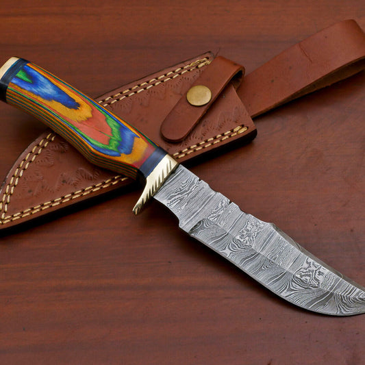 Handmade Damascus Pakka Wood 10" Bowie Hunting Knife | Brass Guard & But Cap