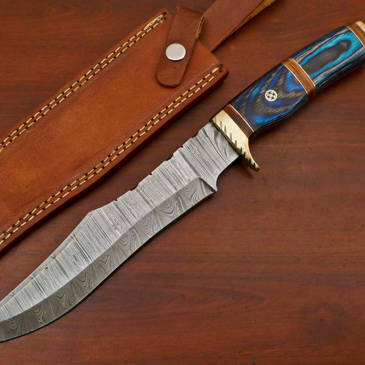 Handmade Damascus Pakka Wood Bowie Hunting Knife – Brass Guard, 14" Overall
